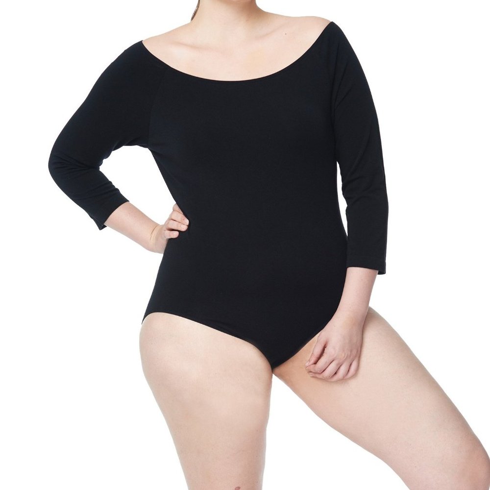 NWT - Women's Plus 3/4 Sleeve Boat Neckline Bodysuit - Black